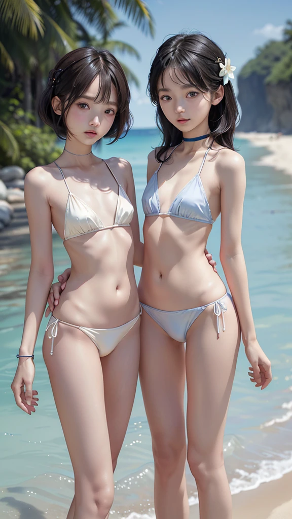 Midsummer beach, beautiful sandy beach, two girls, Beautiful big eyes, twins, Congestion, Crowded, wearing little silk panties, random color panties, Japanese, high school girls, (((flat chest))), (flat chest:1.1), Perfect Face, two girls, Beautiful big eyes, twins, Masterpiece, Best quality, offcial art, Extremely detailed Cg Unity 8K wallpaper, 2 girls, cute female, hair adornments, Crop top, ribbon_choker necklace, leg belt, masterpiece, (((flat chest))), (flat chest:1.1), best quality, A-cup, Small breasts, detailed face, Thin legs, long legs, too long legs, Beautiful face, lovely, Cute twin girls, Long thin legs, thin thighs, High-resolution model, High detail, high quality, Very detailed, Ultra high definition, Textured skin, Anatomically correct, Anatomically correct, Ultra high definition, Very detailed, Textured skin, 