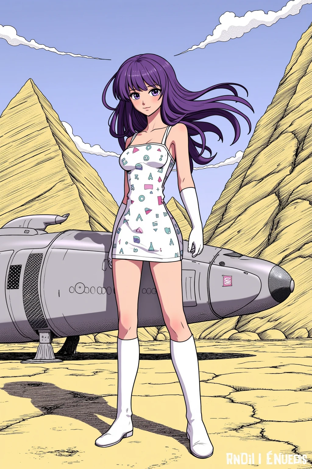 ((best quality)), ((masterpiece)), (detailed), perfect anime waifu girl face, her name is Lovelot, heroic stance, she has long straight purple hair, windblown hari, she wears a white tunic with a series of shapes printed on it that look like code, her skin is brown, her eyes are purple, she's cute but tough, she flies a pod spaceship that is parked next to her, she has just landed on a strange planet with pyramid shaped mountains, strange brutalist style architecture, surreal, art nouveau, in the illustrative style of moebius, spaceships, fantasy, sci-fi, graphic novel, line drawing, french retro, 60s psychedelic, trippy, hippy, ((purple, yellow, and light blue)), ((huge breasts)), cleavage