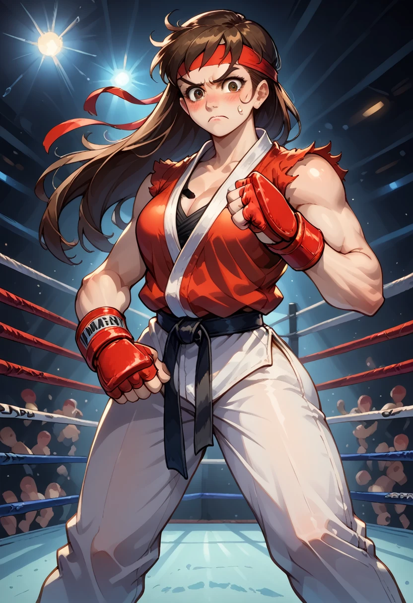 score_9, score_8_up, score_7_up, 1girl, solo,genderswap \(mtf\), medium breasts, skinny, Ryustr33tf1ght, black gair, long hair, brown hair, brown eyes, red headband, white dougie, sleeveless, black belt, red gloves, fingerless gloves, bare bottom without pants, nervous, blushing, looking down, fighting ring, camera flashes