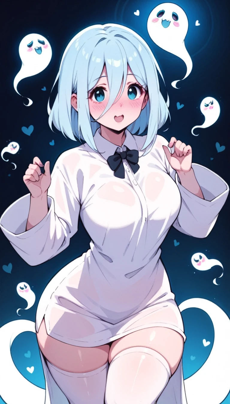 Ghost girl costume, ghost girl cosplay, ghost, boobs, thick thighs, big ass, wide hips, blush, blushing, no face, cute. 