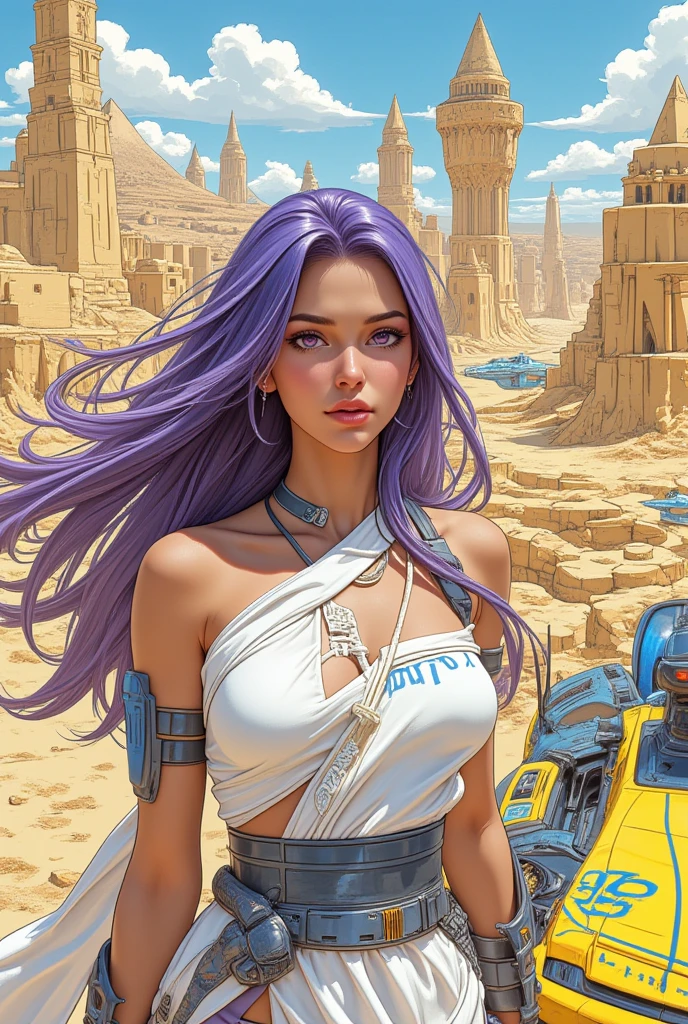 ((best quality)), ((masterpiece)), (detailed), perfect anime waifu girl face, her name is Lovelot, heroic stance, she has long straight purple hair, windblown hari, she wears a white tunic with a series of shapes printed on it that look like code, her skin is brown, her eyes are purple, she's cute but tough, she flies a pod spaceship that is parked next to her, she has just landed on a strange planet with pyramid shaped mountains, strange brutalist style architecture, surreal, art nouveau, in the illustrative style of moebius, spaceships, fantasy, sci-fi, graphic novel, line drawing, french retro, 60s psychedelic, trippy, hippy, ((purple, yellow, and light blue)), ((huge breasts)), cleavage