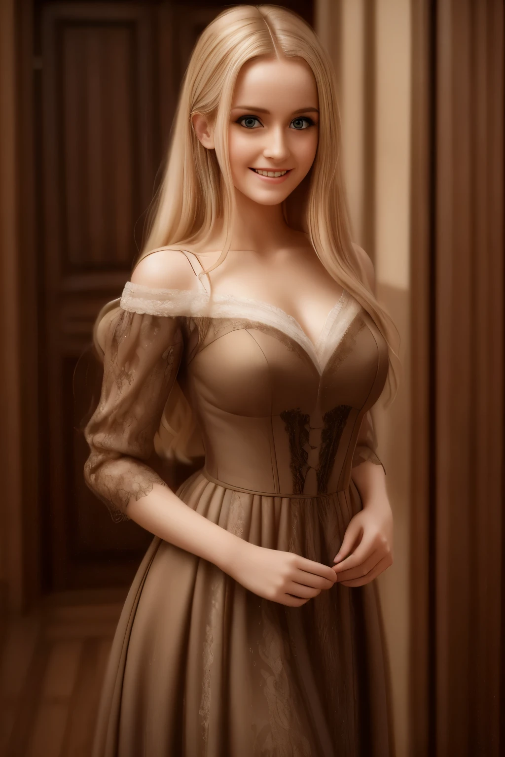 (best quality, 4k, 8k, high resolution, masterpiece: 1.2), ultra detailed, (realistic, photorealistic, photorealistic: 1.37), wearing a sexy white lace victorian dress, beautiful detailed blue eyes, beautiful blonde hair detailed, beautiful detailed lips, very detailed eyes and face, long detailed eyelashes, illustration of Virginia Otis, 26 years old, blonde hair, blue eyes, cute younger face, slim and cute face in pixar studio style, very sexy and very young , 26 years old., white skin, 18 years old, (breasts visible) happy, smiling, (blushing), posing on a castle. Highly detailed RAW color photo, Virginia Otis, , in a sexy Victorian dress, pixar style, in the style of bright 3D objects, She has a cartoonish smile, rosy cheeks, a social contest winning photograph, dress, holds holding the hem of the dress with both hands, lifting it slightly, blue eyes, long blonde hair, dorne, very very curly blonde hair, castle corridors, vibes, iridescence/opalescence, glitter, highly detailed photorealistic, 16k --style expressive - -niji 5 (MATRIX) amazing and realistic shadows, (highly detailed background plane: 1.2), artistic photo Waiting to start