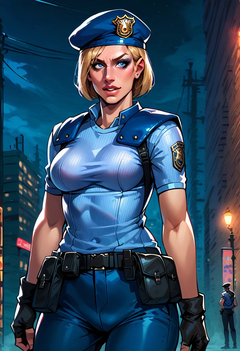 score_9, score_8_up, score_7_up, 1girl, adult, STARSJill, (ultra HD quality details), ((, bob cut, blue eyes,beret, shoulder holster, police uniform, fingerless gloves, makeup, medium breast)), (cinematic lighting:1.2), (dusk:1.2), cameltoe view, seducive smile, flushed face, police station settings, night, Zombies banging on the window