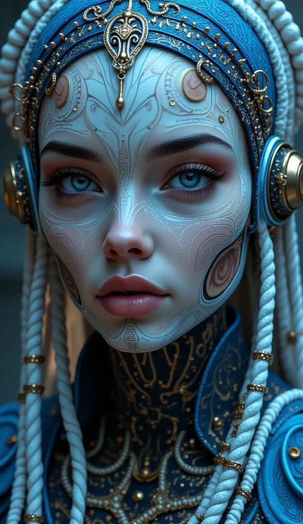 A futuristic cyborg android woman with intricate sugar skull makeup, in the style of a fantasy character portrait. Rendered in breathtaking **8K resolution** with **award-winning** level of detail and **super humanosm attention to detail**. Use a **35mm lens** to capture the depth and elegance of the subject, achieving a stunning **HD quality**. Meld the imaginative worlds of **Artgerm**'s digital mastery, **Greg Rutkowski**'s grim beauty, and **Alphonse Mucha**'s Art Nouveau finesse. Create a **smooth, sharp, and focused** illustration that exudes the richness of a painted canvas, yet maintains the crispness of a digital artwork."