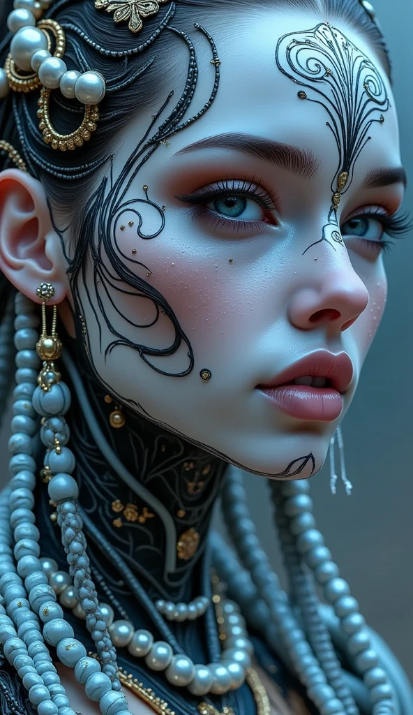 A futuristic cyborg android woman with intricate sugar skull makeup, in the style of a fantasy character portrait. Rendered in breathtaking **8K resolution** with **award-winning** level of detail and **super humanosm attention to detail**. Use a **35mm lens** to capture the depth and elegance of the subject, achieving a stunning **HD quality**. Meld the imaginative worlds of **Artgerm**'s digital mastery, **Greg Rutkowski**'s grim beauty, and **Alphonse Mucha**'s Art Nouveau finesse. Create a **smooth, sharp, and focused** illustration that exudes the richness of a painted canvas, yet maintains the crispness of a digital artwork."