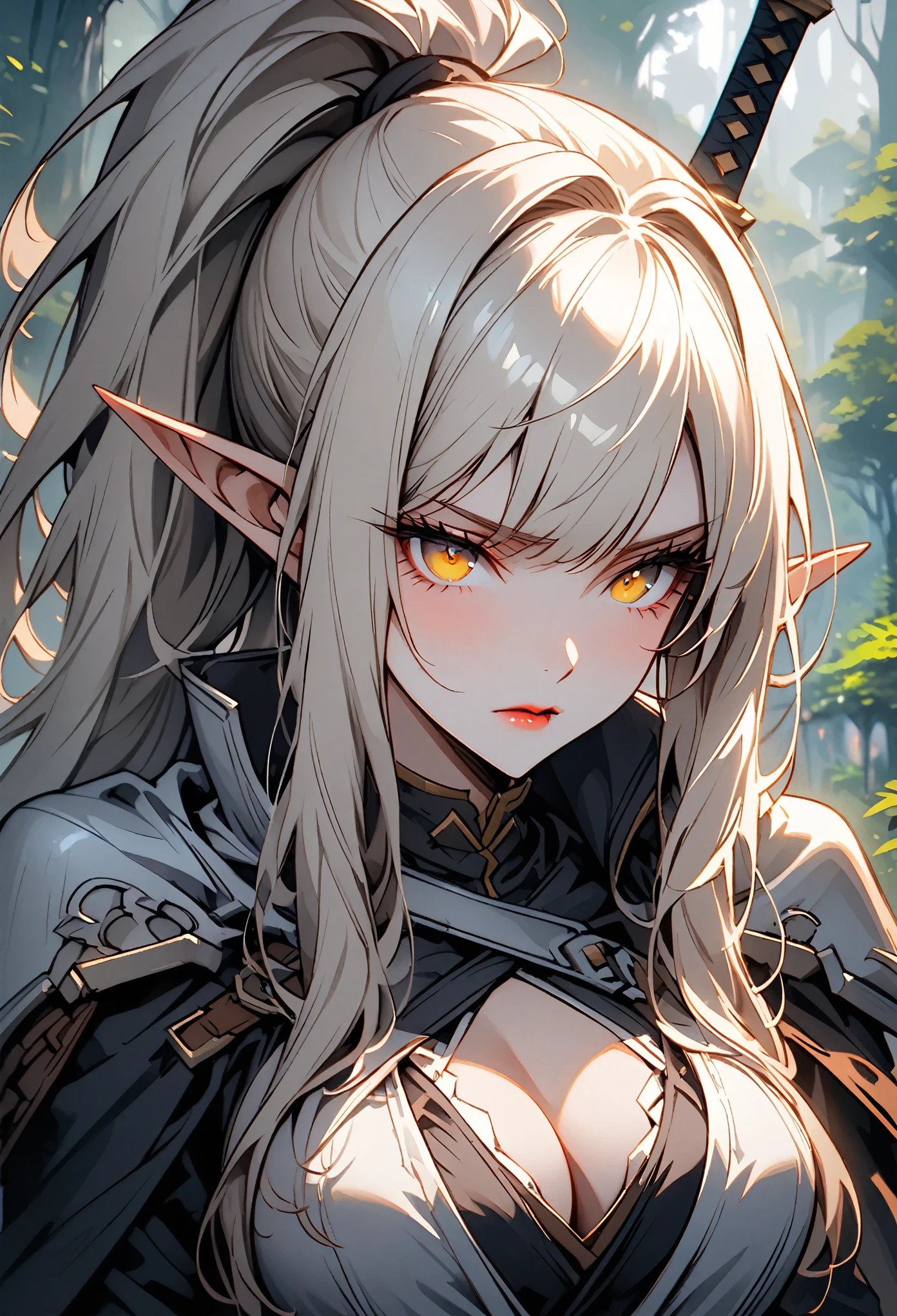 solo, woman, close up, elf girl, platinum blonde, yellow eyes, large breasts, swordswoman, light armor, cleavage, cape, long hair, ponytail, tsundere, forest city