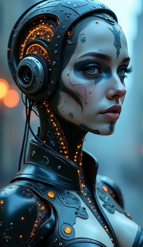 A futuristic cyborg android woman with intricate sugar skull makeup, in the style of a fantasy character portrait. Rendered in breathtaking **8K resolution** with **award-winning** level of detail and **super humanosm attention to detail**. Use a **35mm lens** to capture the depth and elegance of the subject, achieving a stunning **HD quality**. Meld the imaginative worlds of **Artgerm**'s digital mastery, **Greg Rutkowski**'s grim beauty, and **Alphonse Mucha**'s Art Nouveau finesse. Create a **smooth, sharp, and focused** illustration that exudes the richness of a painted canvas, yet maintains the crispness of a digital artwork."