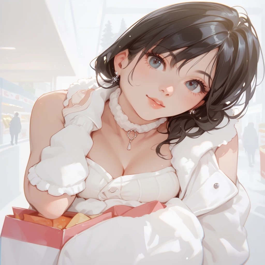  recruitment suit,Coat,Black Hair,shopping,winter,Character portrait, 