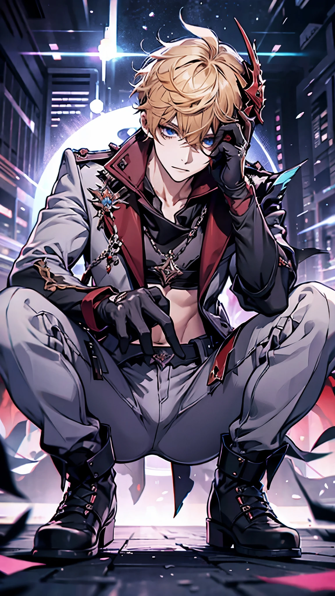 beautiful eye, Alone, short hair, blue eyes , shirt, Gloves, One person, hair, JEWELRY, jacket, male focus , earrings with cups, black Gloves, pants, オレンジのhair, mask, シングル earrings with cups , red scarf, grey jacket, vision ( Genshin Impact ), mask on head, half Gloves, grey pants, red mask, Squat, indoor, (( Crotch Bulge )), ( abs)