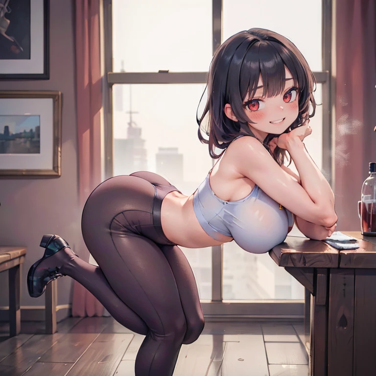 full body Waifu beautiful detailed eyes, beautiful detailed lips, extremely detailed eyes and face, longeyelashes, 1girl, sensual, young woman, sexy medium / large breasts, beautiful feminine face, nice sexy thighs, slim, sexy, erotic, beautiful fashion clothes, perfect body, perfect anatomy of female, cinematic lighting and framing, (best quality,4k,8k,highres,masterpiece:1.2),ultra-detailed,digital painting,portrait,glamorous,highly detailed,soft lighting, vivid color tones ((masterpiece)), ((best quality)), (ultra-detailed) (beautiful girl: 1.3),1girl,masterpiece, Highest quality, Ultra-high resolution (melhor qualidade:1.3), (qualidade 4K), good composition, green glowing light, full body, head rest, lips, (pretty face, low-tied long hair, ((red_eyes:1.3)), (day:1.2),yor, (Grinning smile) ,(((blush))))), ((large udder)), sagging breast, huge breasts, thicc thighs, gym, workout, hot, sweating, blush, crop top, tight black yoga pants, athletic curves, curvatious, large ass, large breasts, thin waist, huge breasts, looking at viewer, city background, cowboy shot, excited grin,, toned ass, toned back, looking at viewer