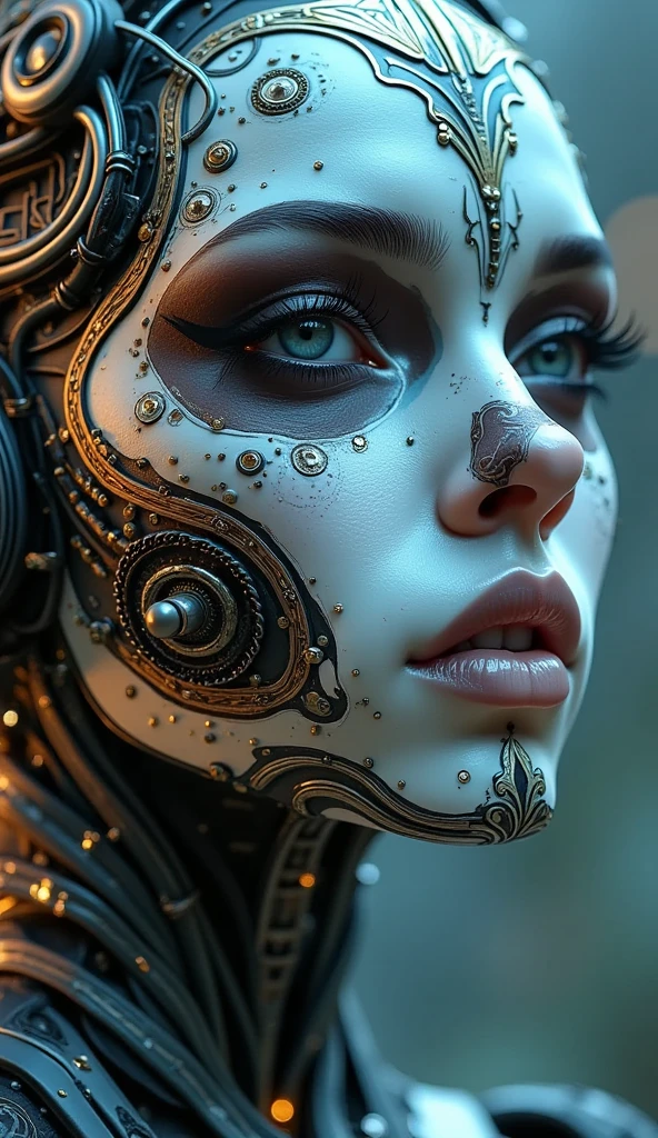 A futuristic cyborg android woman with intricate sugar skull makeup, in the style of a fantasy character portrait. Rendered in breathtaking **8K resolution** with **award-winning** level of detail and **super humanosm attention to detail**. Use a **35mm lens** to capture the depth and elegance of the subject, achieving a stunning **HD quality**. Meld the imaginative worlds of **Artgerm**'s digital mastery, **Greg Rutkowski**'s grim beauty, and **Alphonse Mucha**'s Art Nouveau finesse. Create a **smooth, sharp, and focused** illustration that exudes the richness of a painted canvas, yet maintains the crispness of a digital artwork."