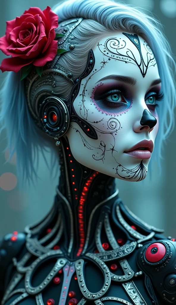 A futuristic cyborg android woman with intricate sugar skull makeup, in the style of a fantasy character portrait. Rendered in breathtaking **8K resolution** with **award-winning** level of detail and **super humanosm attention to detail**. Use a **35mm lens** to capture the depth and elegance of the subject, achieving a stunning **HD quality**. Meld the imaginative worlds of **Artgerm**'s digital mastery, **Greg Rutkowski**'s grim beauty, and **Alphonse Mucha**'s Art Nouveau finesse. Create a **smooth, sharp, and focused** illustration that exudes the richness of a painted canvas, yet maintains the crispness of a digital artwork."