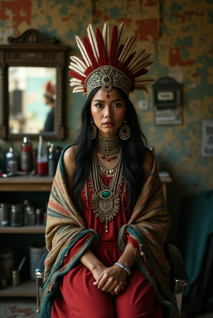 (full portrait), (half shot), solo, detailed background, detailed face, (stonepunkAI, stone theme:1.1), wise, (female), (indigena brasileira), (beautiful hair, braids:0.2), shaman, (septum piercing), mystic, (beautiful face, perfect qcd_face:0.3), stunning, (head tilted back:0.3), (eyes closed, serene expression), calm, meditating, Seafoam green worn clothes, prayer beads, tribal jewelry, feathers in the hair, headdress: 0.33, jade, obsidian, detailed clothing, neckline, realistic skin texture, (floating particles, water swirl, embers, ritual, whirlpool, wind: 1.2), sharp focus, volumetric lighting, good highlights, good shading, subsurface scattering, intricate, highly detailed, ((cinematic)), dramatic, (highest quality, award-winning, masterpiece:1.5), (photorealistic: 1.5), (intricate symmetrical warpaint:0.6),
