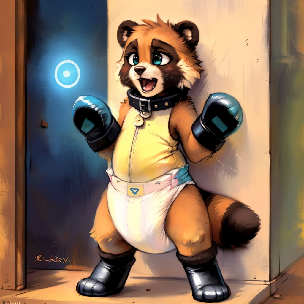 (((by fluff-kevlar, by Zackary911, by Kenket, by Kilinah))), solo ( tanuki), (detailed  tanuki), blue fur, wearing a thick diaper with blue snowflake shaped symbol pattern, muscular abs, teal clear eyes, icy fur,  shirtless, standing , looking at the observer with ashamed  face, scared, ( padded inflatable leather hand mitts) (padded inflatable leather socks), padded wrist cuffs,padded ankle cuffs, padded collar, scared , on futuristic laboratory, cute, japanese mascot,  proportions,  anatomy, fluffy body, at bus stop , tied  on wheel chair 