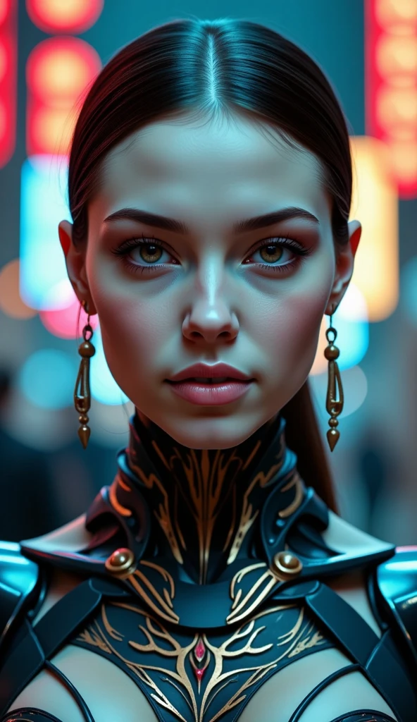 A futuristic cyborg android woman with intricate sugar skull makeup, in the style of a fantasy character portrait. Rendered in breathtaking **8K resolution** with **award-winning** level of detail and **super humanosm attention to detail**. Use a **35mm lens** to capture the depth and elegance of the subject, achieving a stunning **HD quality**. Meld the imaginative worlds of **Artgerm**'s digital mastery, **Greg Rutkowski**'s grim beauty, and **Alphonse Mucha**'s Art Nouveau finesse. Create a **smooth, sharp, and focused** illustration that exudes the richness of a painted canvas, yet maintains the crispness of a digital artwork."