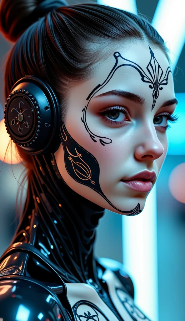 A futuristic cyborg android woman with intricate sugar skull makeup, in the style of a fantasy character portrait. Rendered in breathtaking **8K resolution** with **award-winning** level of detail and **super humanosm attention to detail**. Use a **35mm lens** to capture the depth and elegance of the subject, achieving a stunning **HD quality**. Meld the imaginative worlds of **Artgerm**'s digital mastery, **Greg Rutkowski**'s grim beauty, and **Alphonse Mucha**'s Art Nouveau finesse. Create a **smooth, sharp, and focused** illustration that exudes the richness of a painted canvas, yet maintains the crispness of a digital artwork."