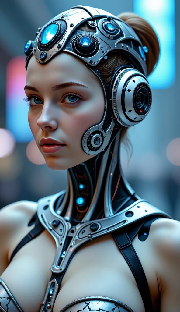 A female android cyborg with a torso displaying a battery of sparkling diamonds, as if she were going to a futuristic rock concert, her blue laser eyes mesmerizing like a high-definition holographic screen. A crown of blue and silver diamonds and shiny gears like a jewel from a dreamlike Seoul. Salmon-colored silk fabric coils around her body in an interactive spiral, as if she were ''in the middle of a holographic force field, in a cybernetic baroque style. Lit with an Artgerm and Greg Rutkowski aesthetic, and a touch of Alphonse Mucha's Belle Époche, like a futuristic work of art, captured with a 4K camera with a high-definition 35mm lens, worthy of an Audiovisual Loop award and deserves a 9.9 art