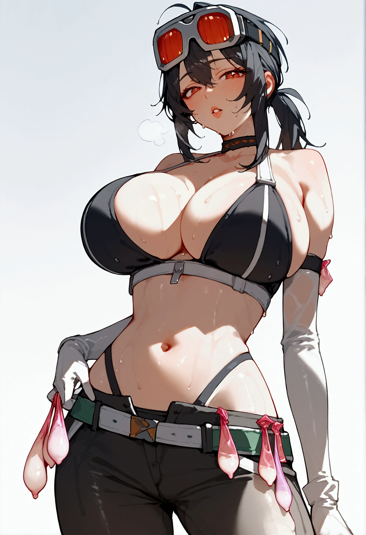 score_9, score_8_up, score_7_up, score_9, BREAK, 1girl, huge breasts, breasts beautiful, solo, score_9, score_8, score_8_up, gracehd-ponyxl, 1girl, black choker, black gloves, white gloves, black pants, black Bikini, elbow gloves, goggles on head, looking at viewer, low ponytail, parted lips, white gloves, zipper, belt, sexy lips, see through, Wet, (Sweat:1.2), (many condoms:1.5), (condoms belt:1.3), fucked silly, cum string, excessive cum