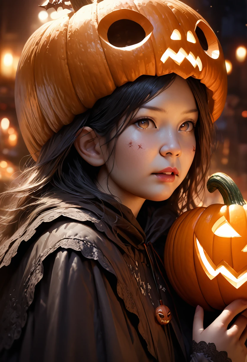  amazing halloween event , a girl in a  Halloween  costume,   DETAIL FACE  ,  beautiful detailed eyes,   Beautiful Detailed Lips  , extremely   DETAIL FACE   and features,  long eyelashes ,  Pumpkin Carving , Candy, Autumn leaves,  dramatic lighting , Sulky atmosphere, dark fantasy,  like a movie lighting, ornate  Halloween  decorations, masterpiece, (Best Quality,4K,8k, high resolution,masterpiece:1.2),Super detailed,(Realistic,photoRealistic,photo-Realistic:1.37),  Halloween , spooky, dark, Sulky,  like a movie,  Halloween の効果, ROUGH