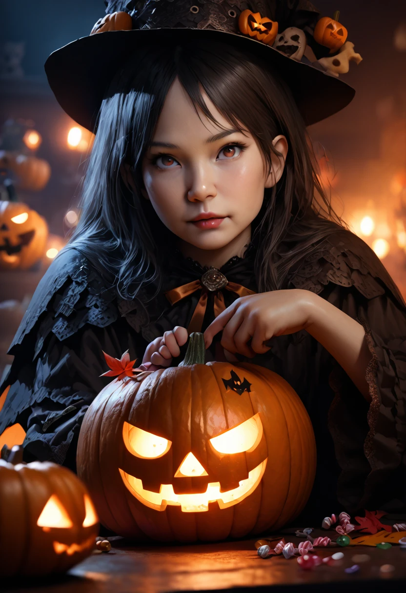  amazing halloween event , a girl in a  Halloween  costume,   DETAIL FACE  ,  beautiful detailed eyes,   Beautiful Detailed Lips  , extremely   DETAIL FACE   and features,  long eyelashes ,  Pumpkin Carving , Candy, Autumn leaves,  dramatic lighting , Sulky atmosphere, dark fantasy,  like a movie lighting, ornate  Halloween  decorations, masterpiece, (Best Quality,4K,8k, high resolution,masterpiece:1.2),Super detailed,(Realistic,photoRealistic,photo-Realistic:1.37),  Halloween , spooky, dark, Sulky,  like a movie,  Halloween の効果, ROUGH