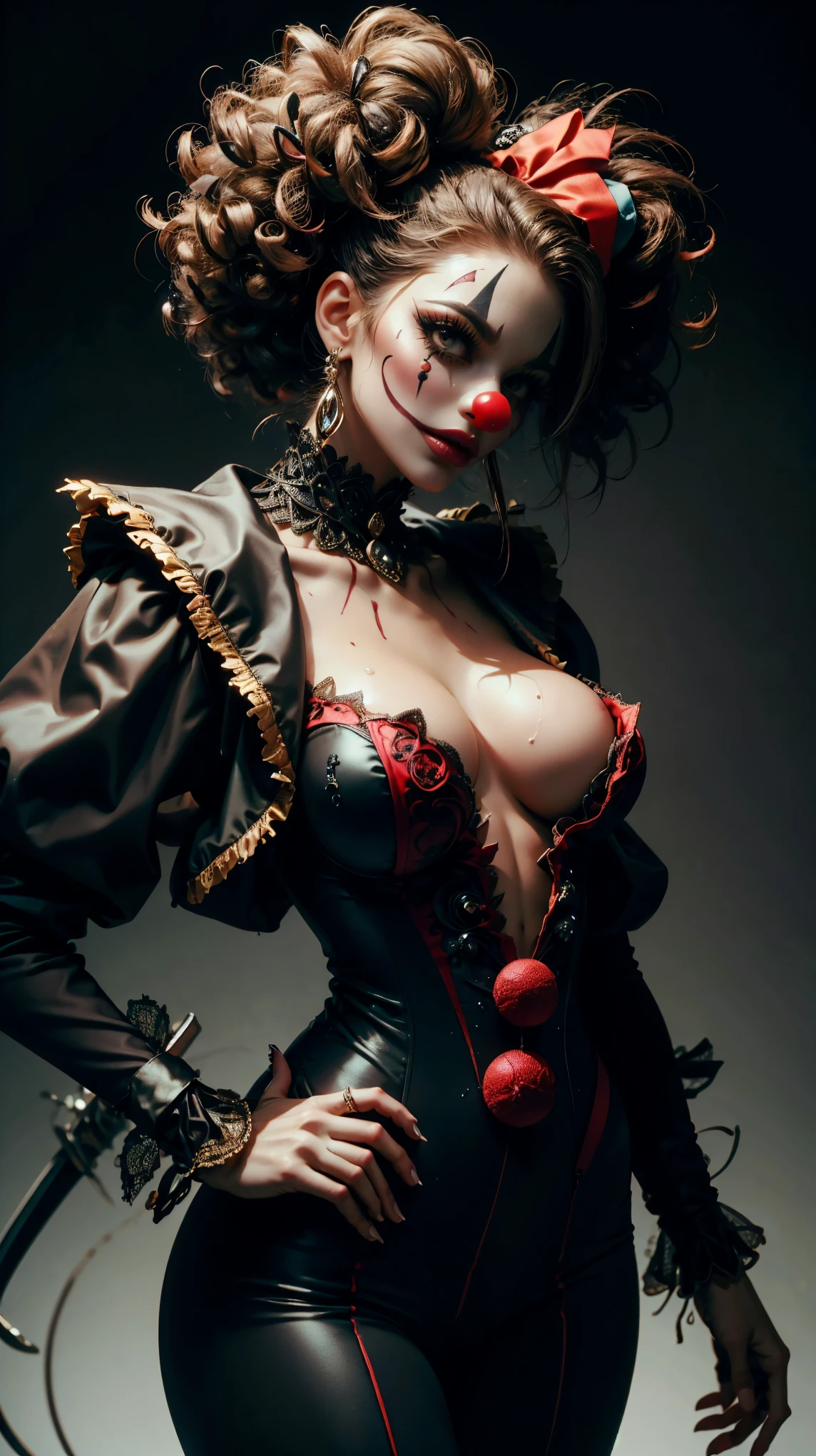 close, close up half body , ( masterpiece :1.1), ( Best quality :1.1), ( flat colors :1.2), ultra intricate details , terrifier clown girl , (Dark fantasy:1.1), (black theme, white and red:1.1), Gore, take from below, floor level photo , nadir angle, sexy pose, nude legs , horror, dark clown , carries an axe in her hands , dark blood , traje de Clown negro y blanco manchado de sangre, (Alone:1.2), ( upper body :1.0), (dynamic:1.0), (Clown:1.1), (murderess:1.0), ( dismember :1.1), ( big breasts :1.0), big cleavage, wet hair, close up, very large eyes , bushy eyebrows, very long eyelashes , ultra intricate details