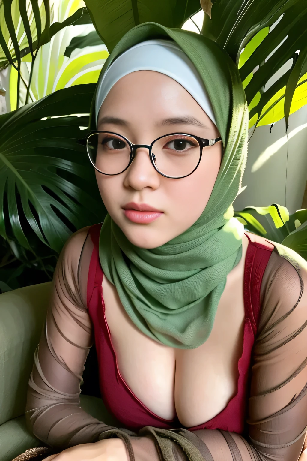 (beautiful detailed eyes, beautiful detailed lips, extremely detailed eyes and face, long eyelashes), (iu:0.8), big cleavage, Big Breasts, open breasts, RAW, best quality, high resolution, masterpiece:1.3, beautiful glasses, pearl-skinned hijabi Javanese woman, wearing sexy transparant skirt, soft smile, intricate batik patterns, glowing skin, lush tropical foliage, warm lighting, cinematic composition