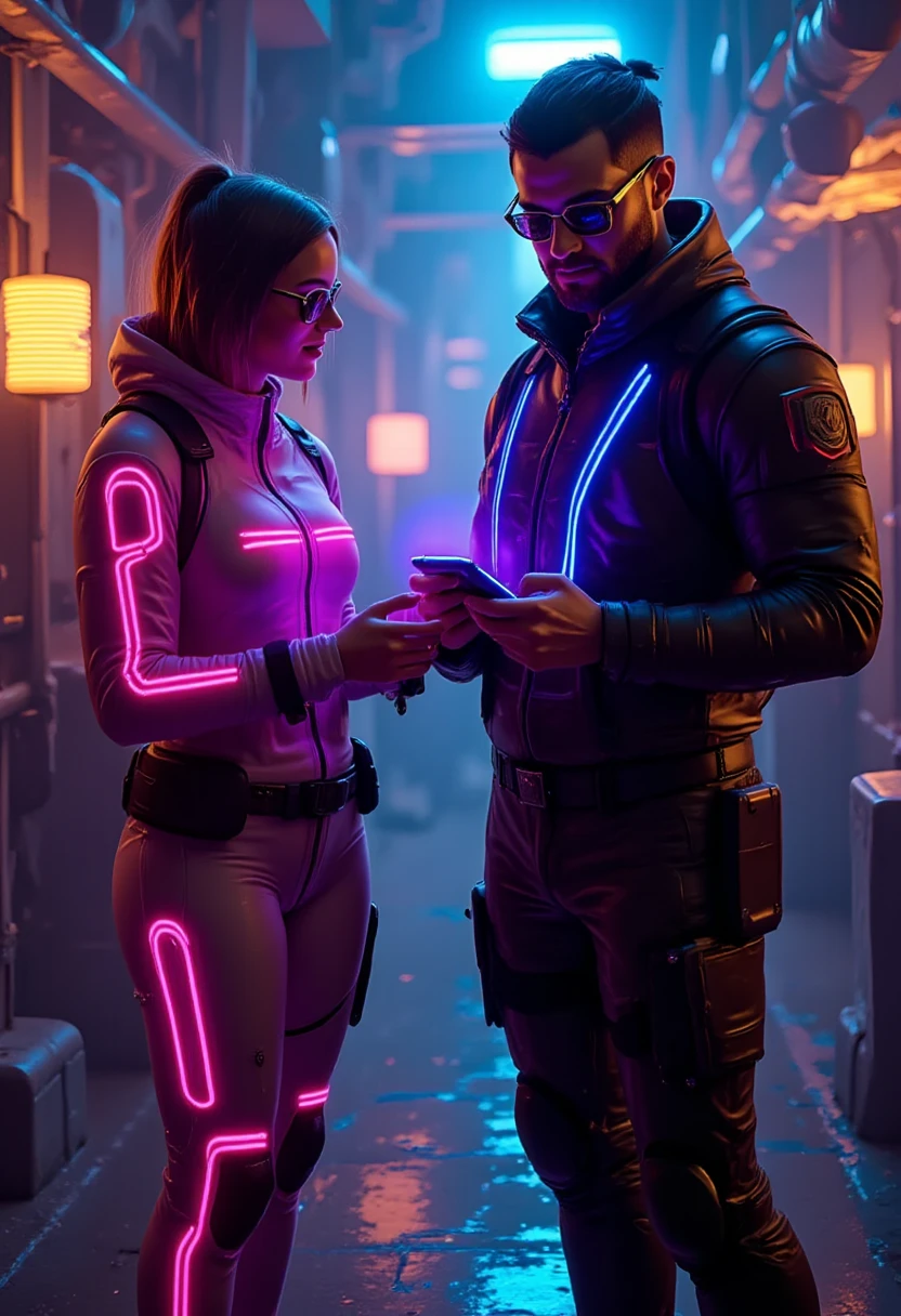 ((masterpiece)) ((Highest quality))   A hyper-realistic image capturing a brunette woman ((with glasses)) and a bearded ((man with glasses)), both standing with a slight distance between them. ((Each holds a futuristic smartphone projecting an AI hologram)). The ((woman wears a sleek cyberpunk outfit with LED accents glowing in vibrant pink)), while the ((man has a rugged yet modern look, his outfit highlighted by bold blue LED lines)).

They are set in a neon-lit futuristic club, with a holographic DJ and a dancing crowd in the background, creating light trails as they move. The industrial decor, with metallic surfaces, reflects the shifting neon and strobe lights, enhancing the cyberpunk atmosphere. The lighting creates vivid, dynamic hues, with the pink and blue LEDs on their outfits standing out against the pulsing lights around them, emphasizing a stylish, high-tech vibe.

[Lighting: Neon and strobe lights] [Camera: Wide-angle shot capturing both characters and the club setting] [Resolution: 8k, hyper-realistic] [Style: Cyberpunk aesthetic, vibrant LEDs, futuristic vibe] [Inspiration: Cyberpunk 2077, Neon Future, AI Hologram].