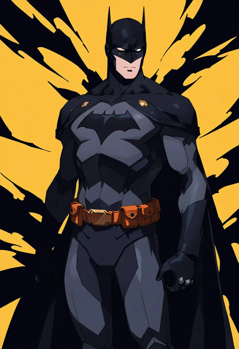 score_9, score_8_up, source_anime, (dramatic silhouette of a dark-armored superhero:1.3), powerful stance, bold angular chest emblem, flowing cape merging with abstract shadows, detailed utility belt, vivid yellow background, swarm of bats flying outward from the hero, intense and dynamic composition, strong contrast between deep blacks and bright yellow, minimalist design with intense atmosphere, emphasis on mystery and strength, high detail in armor silhouette, (cinematic lighting), (energy and movement conveyed by bat swarm), (bold outlines and striking shadows:1.2)