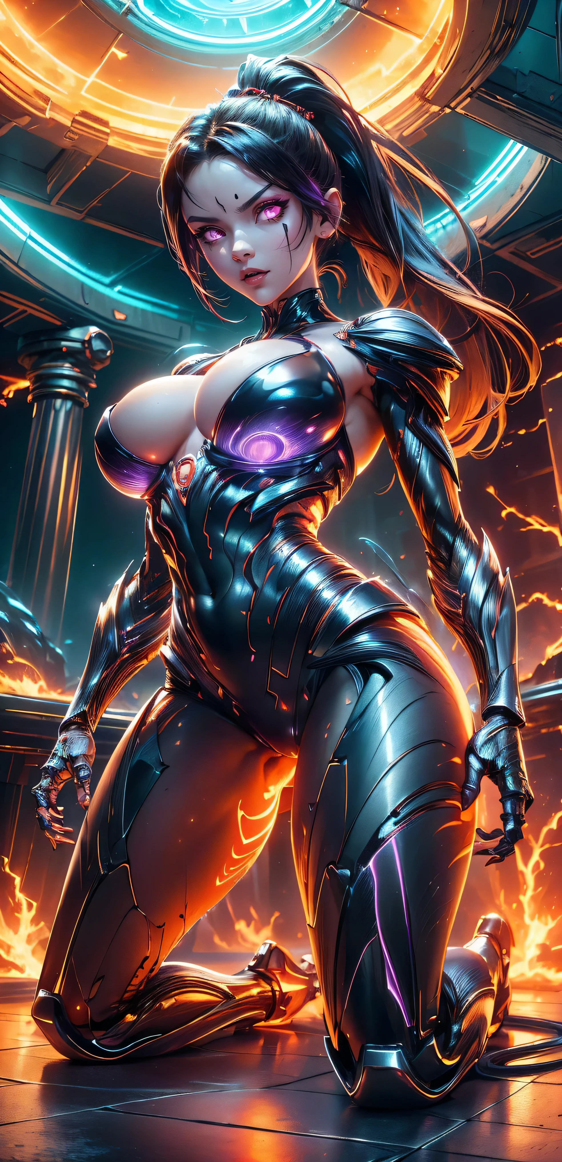 From below, kneeling, Shattered glass, Full body portrait, Milf, 1girl, evil look, sexy, claws, demoness, see-through panties, high ponytail hair, plasma filiments, flames, red hues, scifi, purple hues, facepaint, red glowing eyes, dynamic combat stance,  dark aura, menacing, psychotic, highly detailed, vibrant appearance, creative behavior, imaginative, sensual, spontaneous, highest quality, skin texture, intricate details, (cinematic lighting), RAW photo, 8k, masterpiece,best quality,ultra-detailed,very detailed illustrations,extremely detailed,intricate details,highres,super complex details,extremely detailed 8k cg wallpaper,