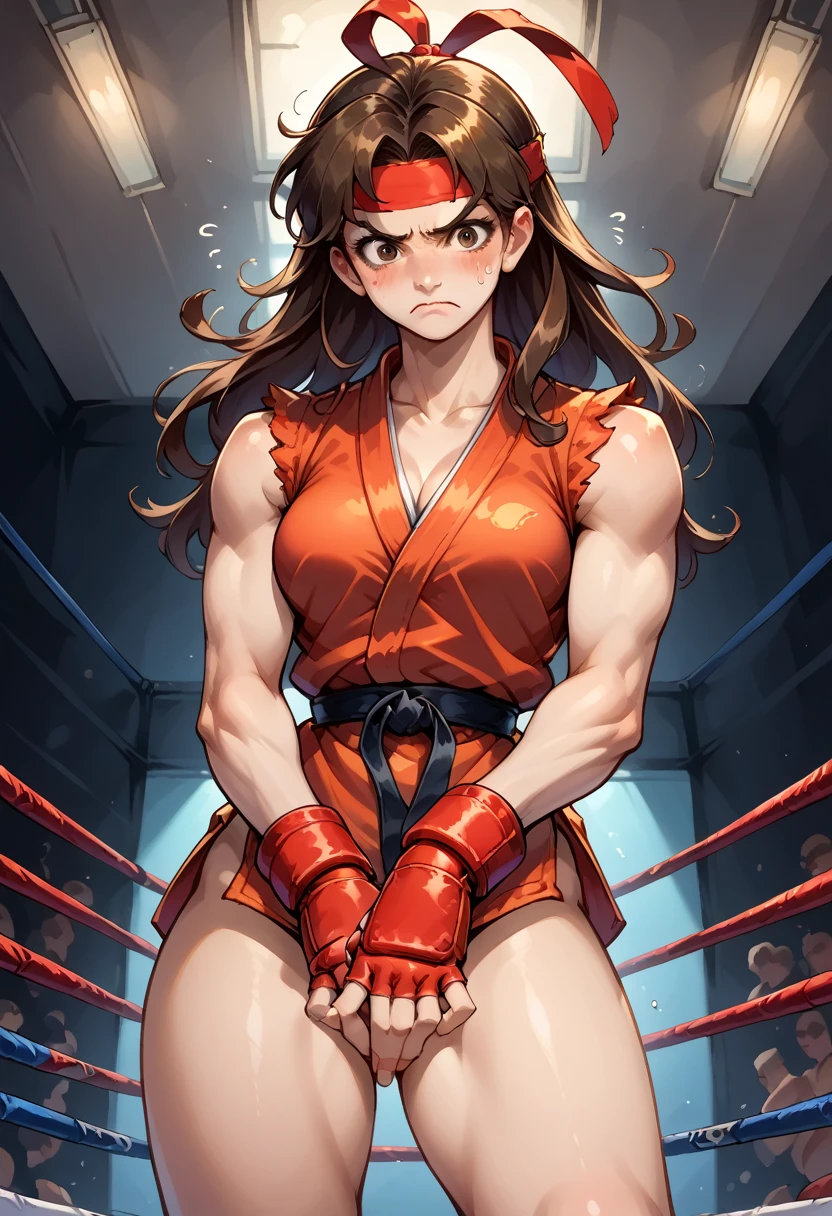 score_9, score_8_up, score_7_up, 1girl, solo,genderswap \(mtf\), medium breasts, skinny, Ryustr33tf1ght, black gair, long hair, brown hair, brown eyes, red headband, white dougie, sleeveless, black belt, red gloves, fingerless gloves, (bare bottom), thighs, hand crotch, nervous, blushing, looking down, fighting ring, camera flashes