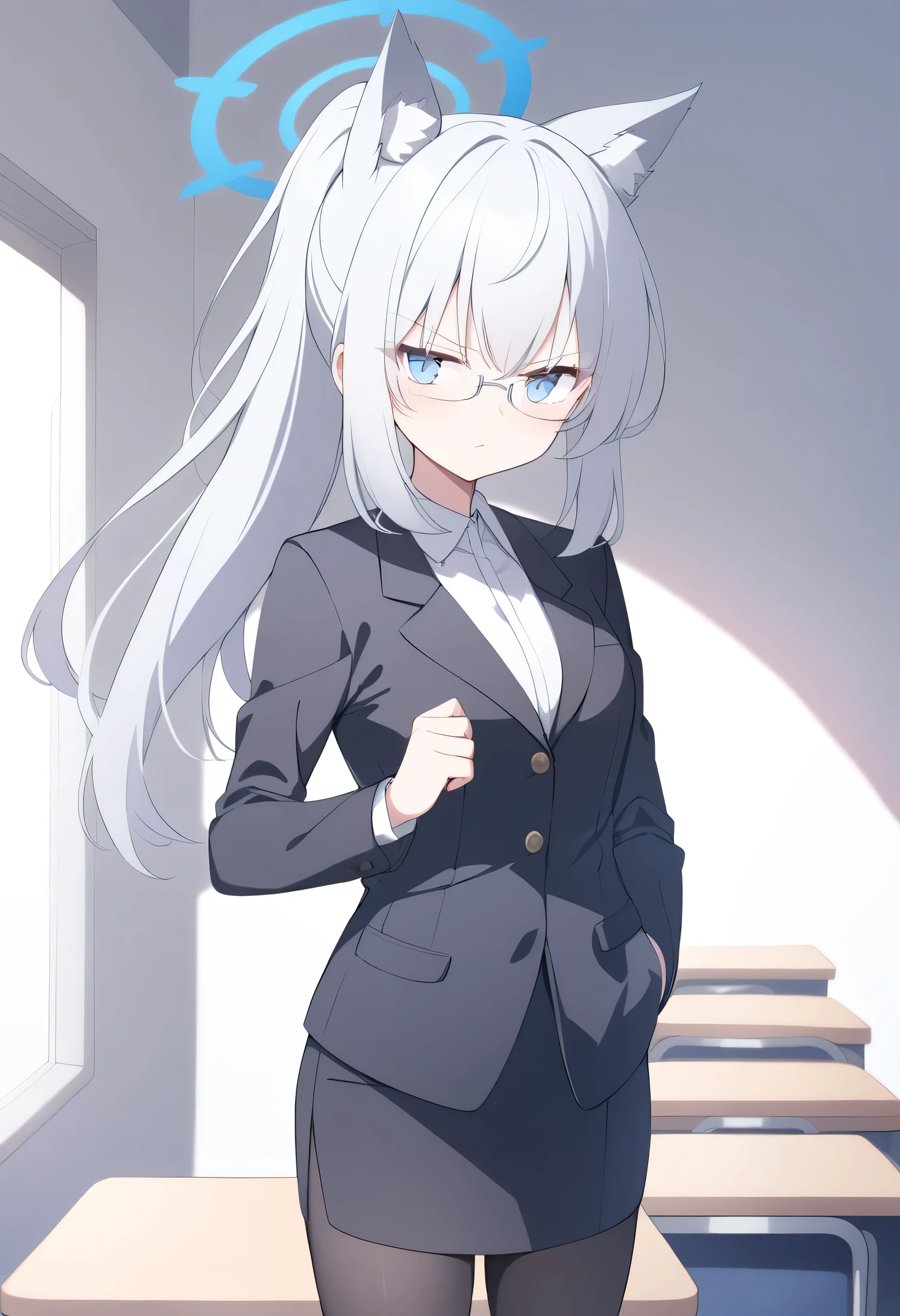 girl， long silver hair, High Ponytail， blue eyes, White bottoming shirt, wearing a black teacher suit， in a tight black dress， black stockings，White-rimmed glasses , Standing in the classroom，Serious expression,  Blue Halo，Gray wolf ears， and put your hands in your pocket 