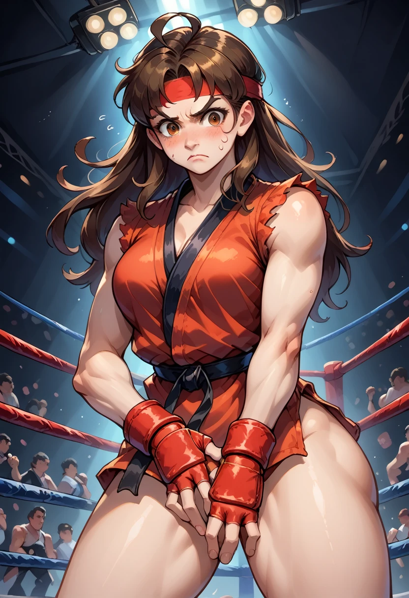 score_9, score_8_up, score_7_up, 1girl, solo,genderswap \(mtf\), medium breasts, skinny, Ryustr33tf1ght, black gair, long hair, brown hair, brown eyes, red headband, white dougie, sleeveless, black belt, red gloves, fingerless gloves, (bare bottom), thighs, hand crotch, nervous, blushing, looking down, fighting ring, camera flashes