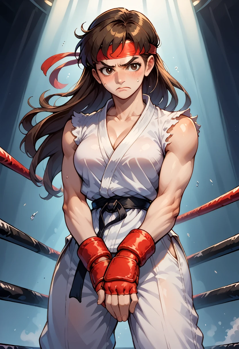 score_9, score_8_up, score_7_up, 1girl, solo,genderswap \(mtf\), medium breasts, skinny, Ryustr33tf1ght, black gair, long hair, brown hair, brown eyes, red headband, white dougie, white clothes, sleeveless, black belt, red gloves, fingerless gloves, (bare bottom), thighs, hand crotch, nervous, blushing, looking down, fighting ring, camera flashes