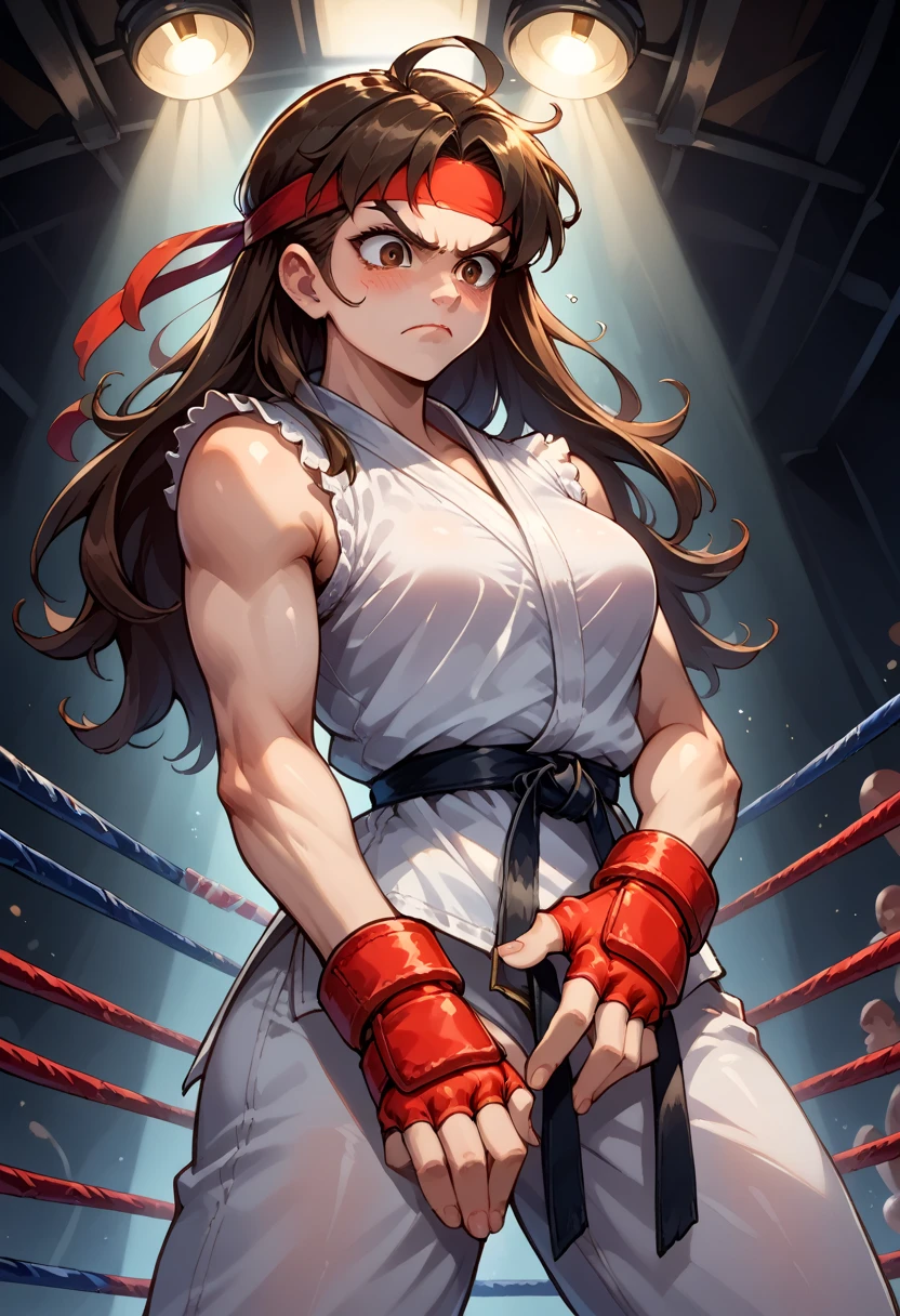 score_9, score_8_up, score_7_up, 1girl, solo,genderswap \(mtf\), medium breasts, skinny, Ryustr33tf1ght, black gair, long hair, brown hair, brown eyes, red headband, white dougie, white clothes, sleeveless, black belt, red gloves, fingerless gloves, (bare bottom), thighs, hand crotch, nervous, blushing, looking down, fighting ring, camera flashes