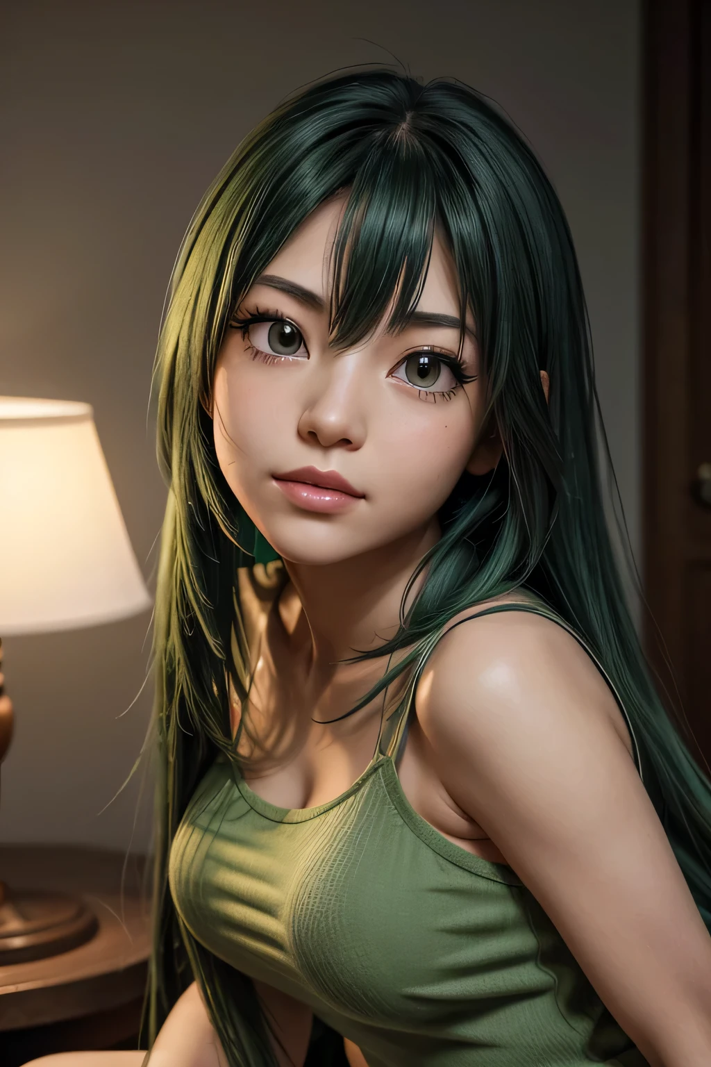 Low-angle, low-angle close-up. A fixed 50mm lens to create a natural perspective and subtle depth of field. Tsuyu Asui, a beautiful young woman in a dark room in front of a lamp. Soft, warm lighting, casting soft shadows. ((Tsuyu Asui with long green hair and long eyelashes):1.1), {medium breasts}, (((we are seeing yours))). Gaze at the viewer, loose mid-cut t-shirt, {breasts}, micro-miniskirt, moving pose, Physically based rendering, Subtle, warm shadows should be cast. Highly detailed, showing individual strands of hair, the intricate texture and emotions on the faces. Detailed facial features and delicate skin with perfect anatomy. Outstanding art, Professional digital art, Hyperrealistic, Photorealistic anime, Masterpiece, Best quality, 8k