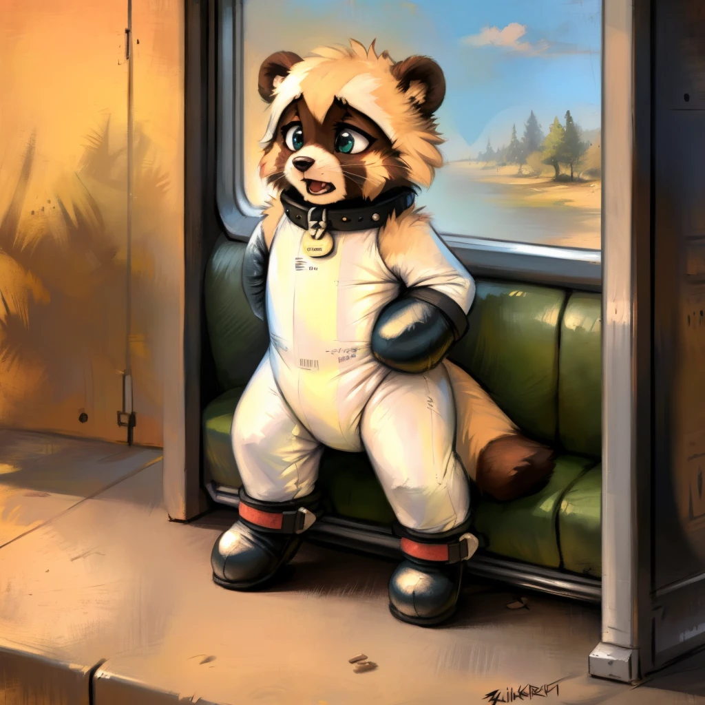 (((by fluff-kevlar, by Zackary911, by Kenket, by Kilinah))), solo ( tanuki), (detailed  tanuki), blue fur, wearing a thick diaper, muscular abs, teal clear eyes,  shirtless, standing , looking at the observer with ashamed  face, scared, ( padded inflatable leather hand mitts) (padded inflatable leather socks), padded wrist cuffs,padded ankle cuffs, padded collar, scared , on futuristic laboratory, cute, japanese mascot,  proportions,  anatomy, fluffy body, at bus stop , tied  on wheel chair 