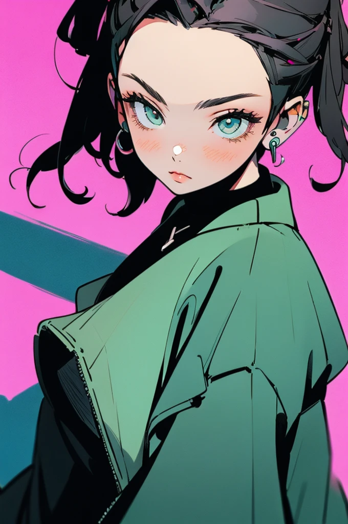 beautiful, masterpiece, best quality, extremely detailed face, perfect lighting, 1girl, solo, sketch, marnie pokemon, asymmetrical bangs, green eyes, pink dress, black jacket