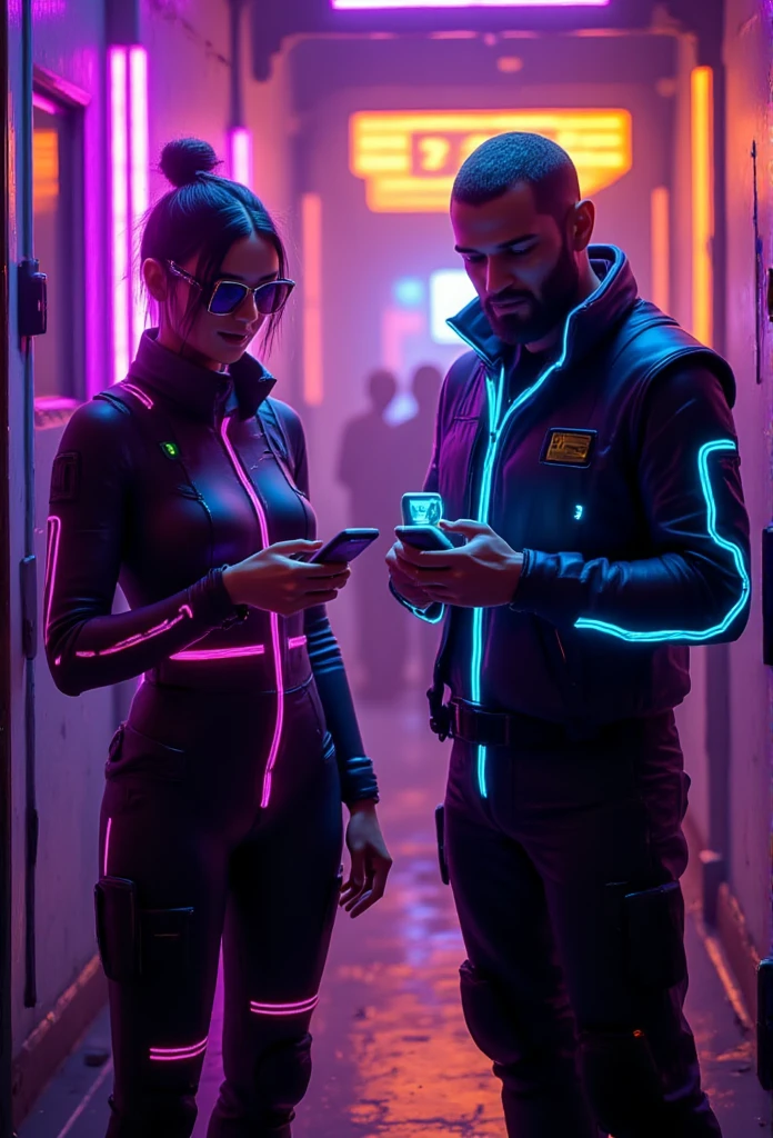 ((masterpiece)) ((Highest quality))   A hyper-realistic image capturing a brunette woman ((with glasses)) and a bearded ((man with glasses)), both standing with a slight distance between them. ((Each holds a futuristic smartphone projecting an AI hologram)). The ((woman wears a sleek cyberpunk outfit with LED accents glowing in vibrant pink)), while the ((man has a rugged yet modern look, his outfit highlighted by bold blue LED lines)).

They are set in a neon-lit futuristic club, with a holographic DJ and a dancing crowd in the background, creating light trails as they move. The industrial decor, with metallic surfaces, reflects the shifting neon and strobe lights, enhancing the cyberpunk atmosphere. The lighting creates vivid, dynamic hues, with the pink and blue LEDs on their outfits standing out against the pulsing lights around them, emphasizing a stylish, high-tech vibe.

[Lighting: Neon and strobe lights] [Camera: Wide-angle shot capturing both characters and the club setting] [Resolution: 8k, hyper-realistic] [Style: Cyberpunk aesthetic, vibrant LEDs, futuristic vibe] [Inspiration: Cyberpunk 2077, Neon Future, AI Hologram].