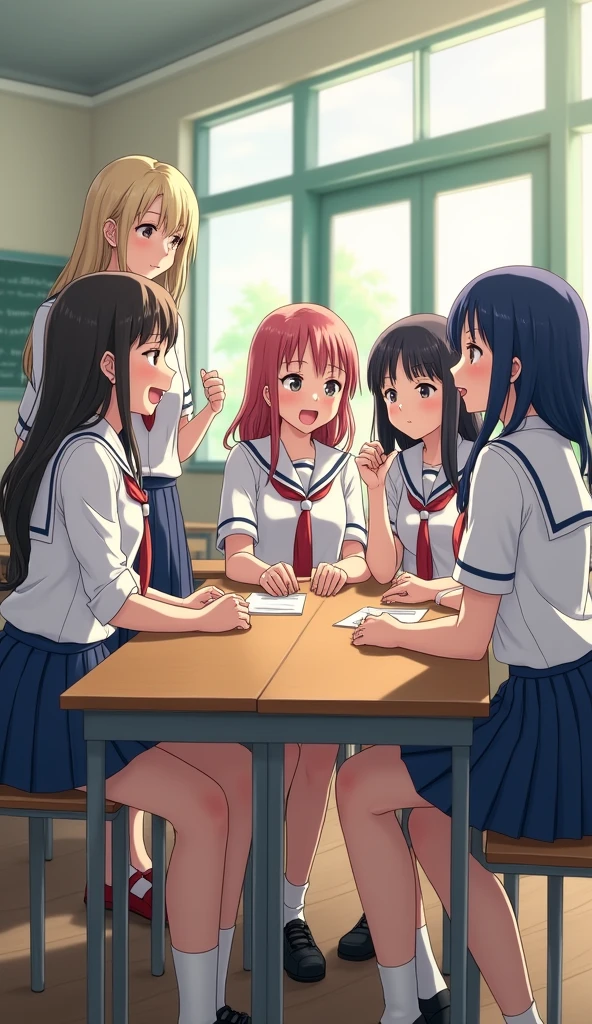 A group of cheerleaders having sex while some giving blowjob, red eyes, in classroom, mind control,