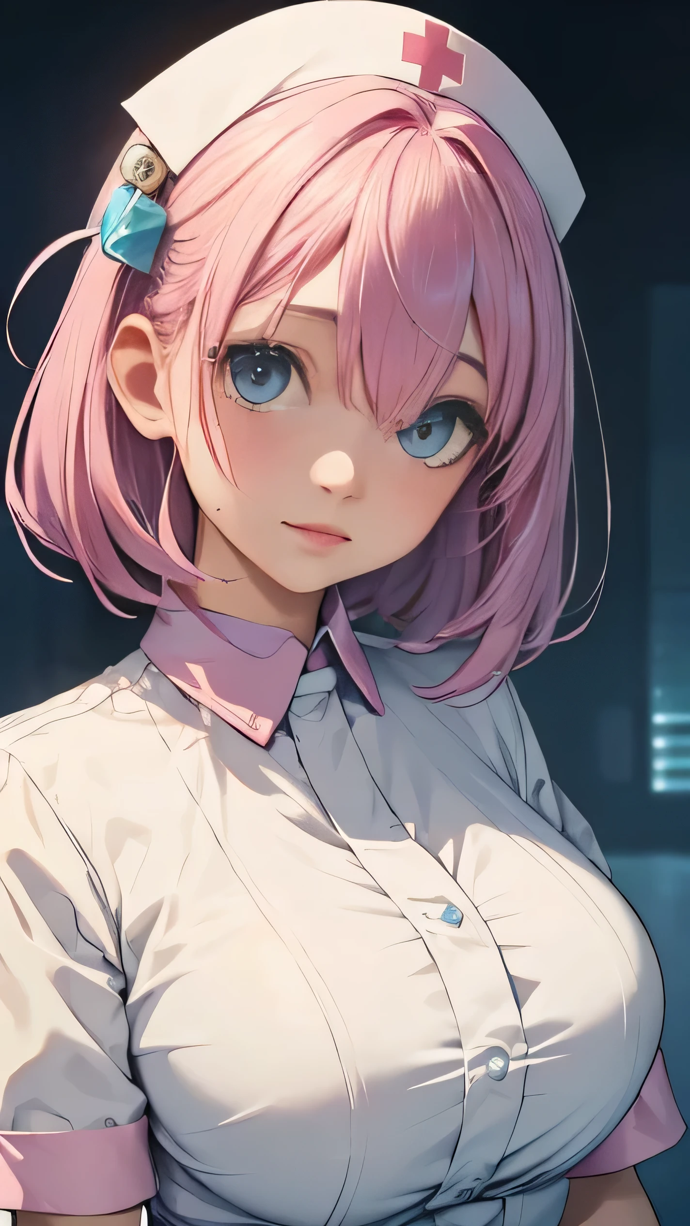 Gotoh Hitori 、 ((full_body))、Cute Woman、hospital_background、big_breasts、Detailed_skin、Detailed_Eye、Blue_eyes、Detailed_hair、Pink_Hair、Cube_Hair_Ornament、nurse_custom、POP、vivid、nervous、sexy_pose