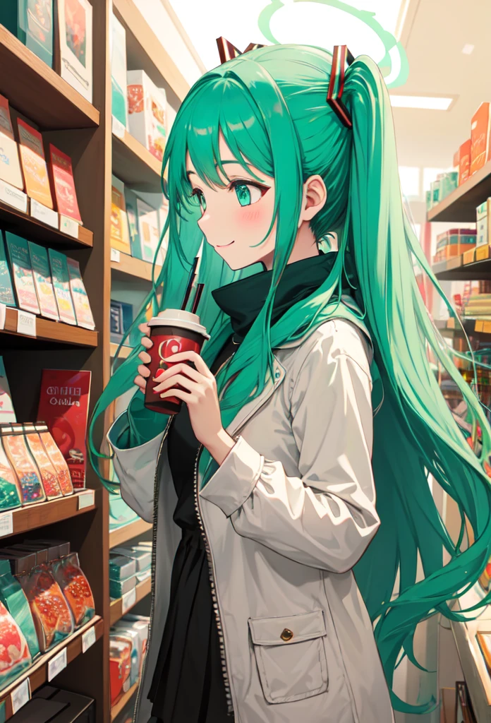  Miku at a side angle inside a souvenir shop ,  partially facing the camera ,  using a vibrant coral puffer with zippers and black details , that creates contrast with the environment .  She holds a cup of hot chocolate in her hands and smiles softly ,  expression conveying comfort and warmth . In the background,  shelves with colorful souvenirs and a welcoming atmosphere ,  with soft lighting that complements the coral color of the coat and the warm tone of the scene.