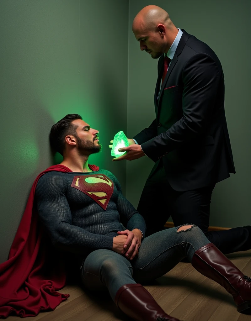 muscular attractive Nicholas Alexander Chavez with an undercut haircut combed back, short beard, shirtless, wearing a tattered and torn Superman suit, is chest displays the iconic "S" symbol. Superman's traditional red cape is present, attached to the shoulder and flowing behind him, dark red boots, lies on the floor leaning against a wall, sore, with one hand on the chest, with his mouth slightly open and his eyes closed, he appears weak and in pain. Expression of pain. Standing next to Superman is a bald man, dressed in a dark suit, The bald man holds a bright green crystal in his hand near Superman's face
