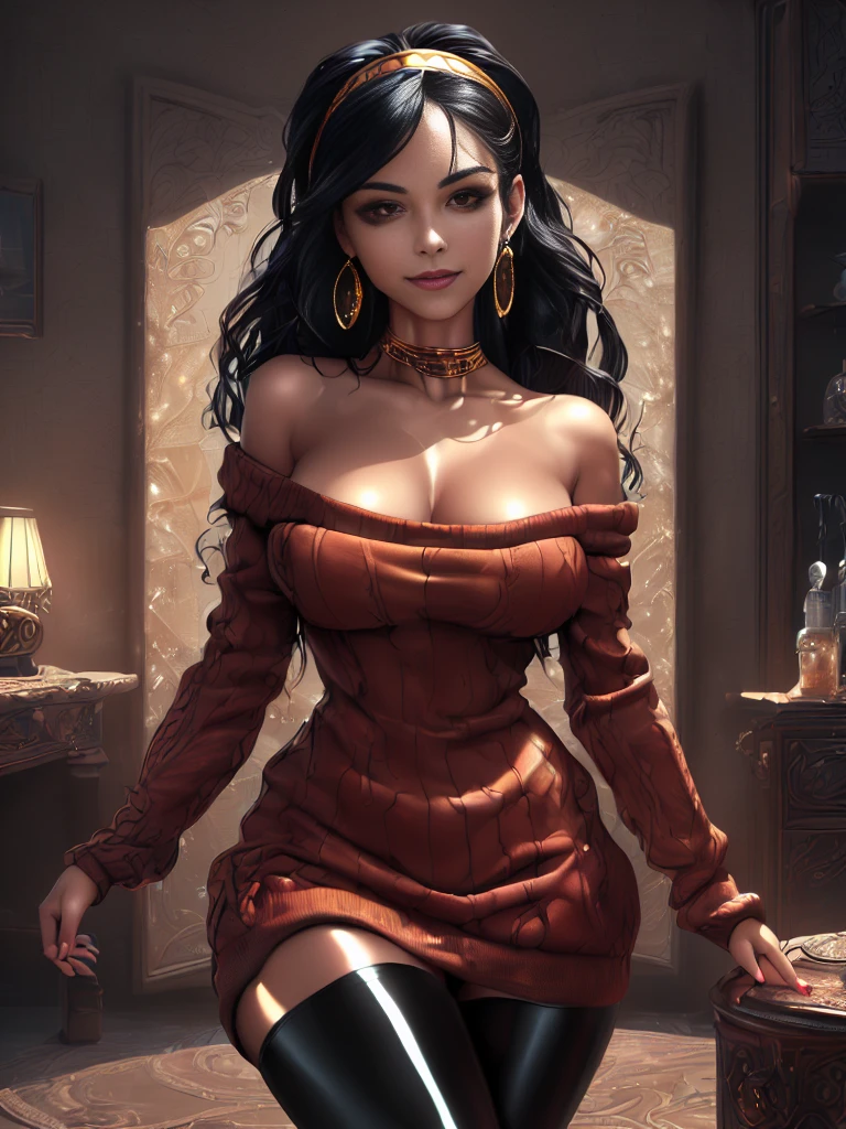 (masterpiece), (best quality), (beautiful eyes and face), (perfect female body), (shiny skin), looking at viewer, cowboy shot, 1girl, solo, yor briar, black hair, long hair, red eyes, large breasts, white hairband, gold earrings, jewelry, sweater dress, red sweater, off shoulder, long sleeves, black pantyhose, smile, standing, living room,