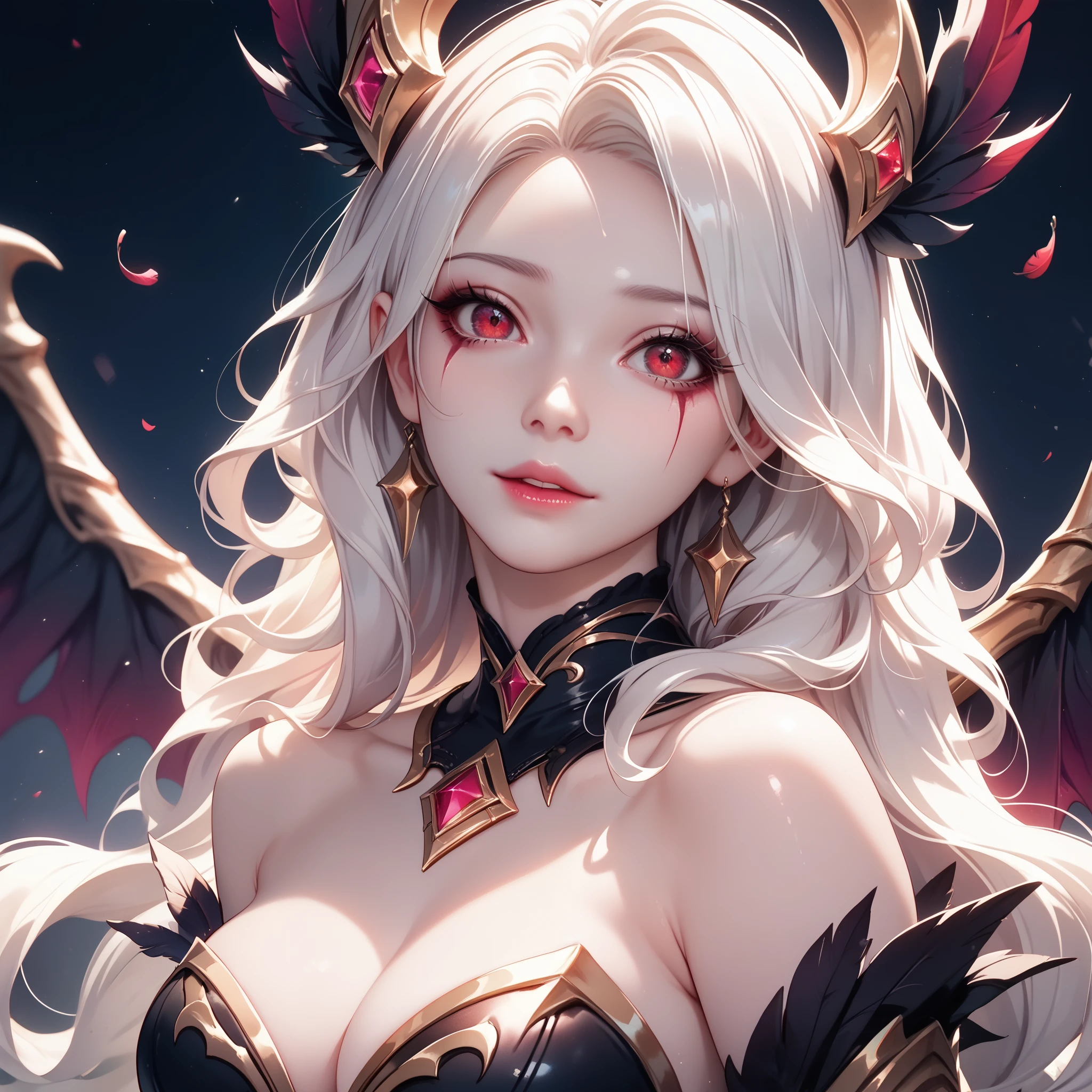 (Coven Morgana from league of legends)1woman, pale white skin, undead, pale gold jewelry, looking at viewer, solo, white long wavy hair, red eyes, tight black and red coven dress with pale gold details, black feather collar, black wings with pale gold details, dark background with red and purple light, magical red runes