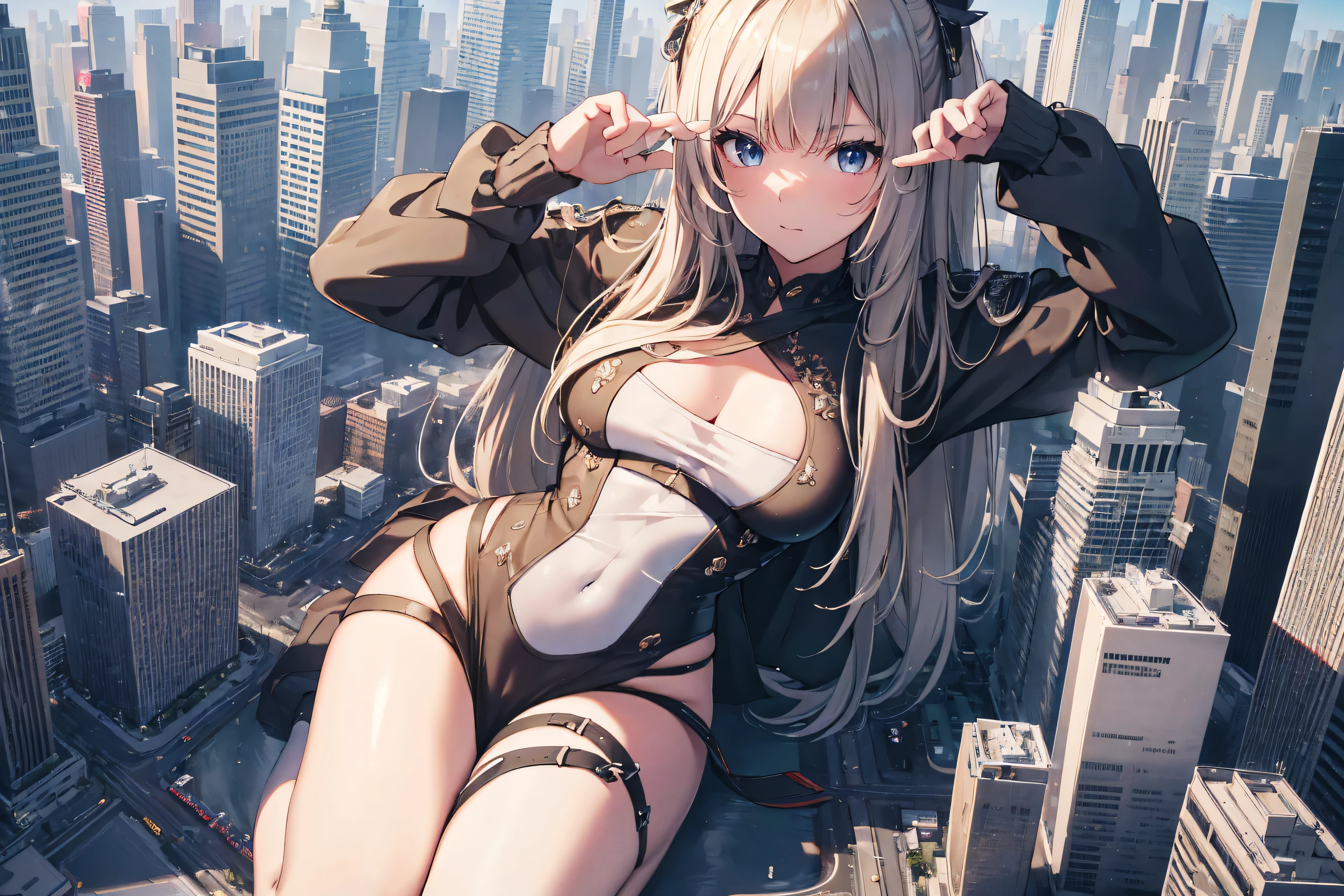 (8k, RAW photo, best quality, masterpiece:1.2),1girl,(sky striker ace raye),(cityscape),professional lighting, photon mapping, radiosity ,blue eyes,Blond hair, black headdress.Dark brown tie,(sitting on the roof of a building),(raining),stars,night,(cleavage),(narrow bust),((frontal view)),long legs