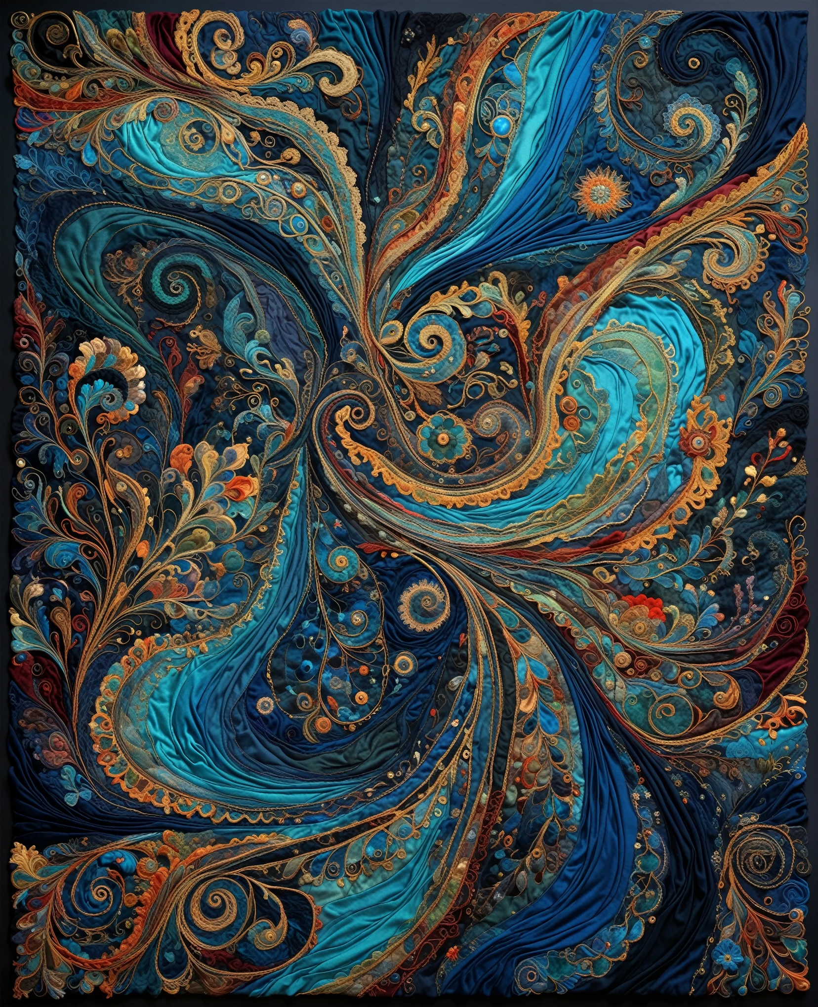 Surrealism, In art technique Frottage, an intricate abstract pattern created from small pieces of various fabrics such as silk, velvet, lace, brocade, , Calm dark harmonious hues, fine texture, perfect composition, insanely detailed, best quality,  