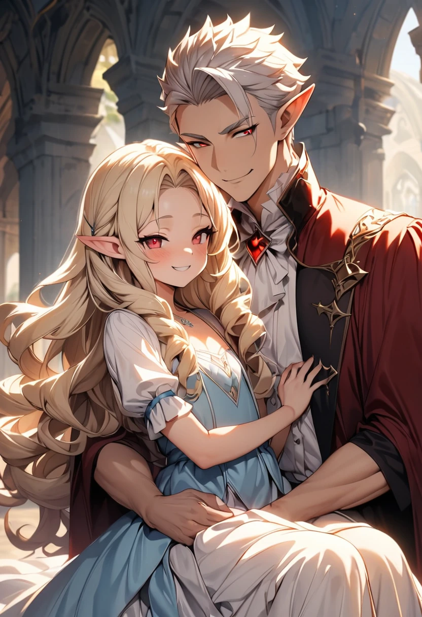 masterpiece, high quality, best aesthetics, romantic lighting, fantasy setting, handsome elf male, smirk, red eyes, vampire, short silver hair, a king dressed in royal clothing. He is hugging his 18-year-old daughter, an adorable elf princess with long blond curly hair. He loves her, and she is Daddy's girl.