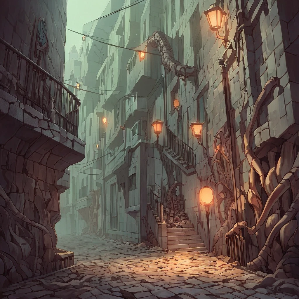 A surreal grotesque street at night, pavement and walls made of pulsating flesh and veins, with lampposts transformed into organic structures of bones and tendons, emitting dim light from glowing eyes instead of bulbs. The street is coated in a thin layer of mucus, and walls are covered in necrotic tissue, exposing teeth and human limbs protruding randomly. Shadows twist unnaturally across the road, while faint faces emerge from the walls, smiling grotesquely. Staircases in the distance lead nowhere, disappearing into the night sky. A green mist seeps from cracks in the pavement, hinting at the stench of decay. The atmosphere is unsettling, invoking fear and discomfort, with distorted geometry creating a claustrophobic sensation. Cinematic lighting, muted dark greens, purples, and oranges, inspired by Zdzisław Beksiński and Francis Bacon.