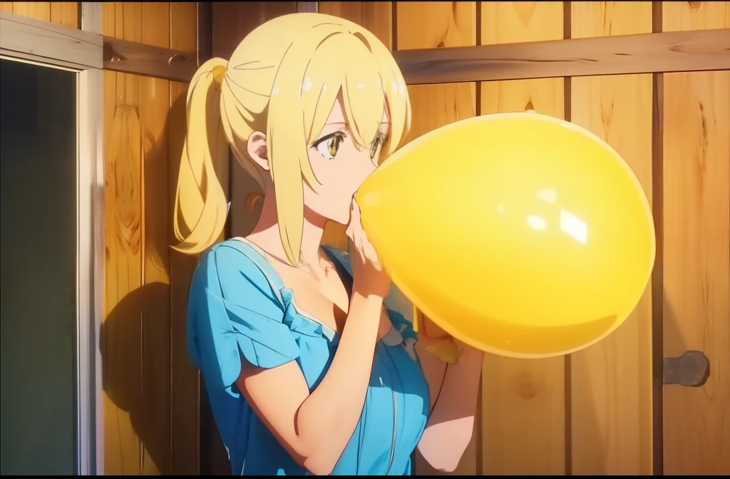 Lucy_Heartfilia, 1girl, (blowing yellow balloon, looner, large balloon), wooden house interior, sexy, anime screencap, looking at viewer, night