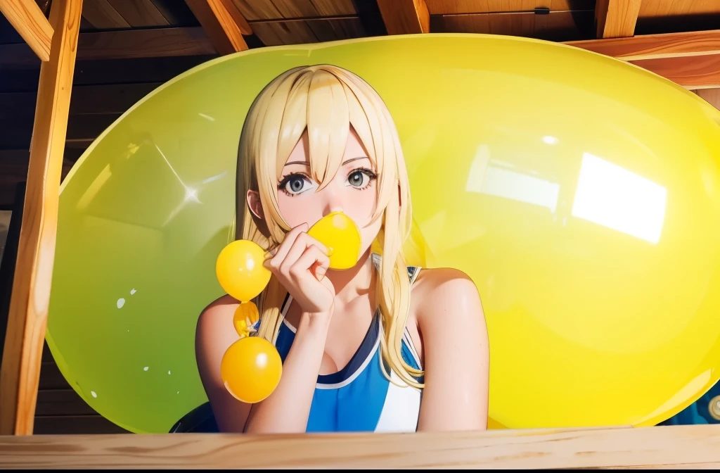 Lucy_Heartfilia, 1girl, (blowing yellow balloon, looner, large balloon), wooden house interior, sexy, anime screencap, looking at viewer, night